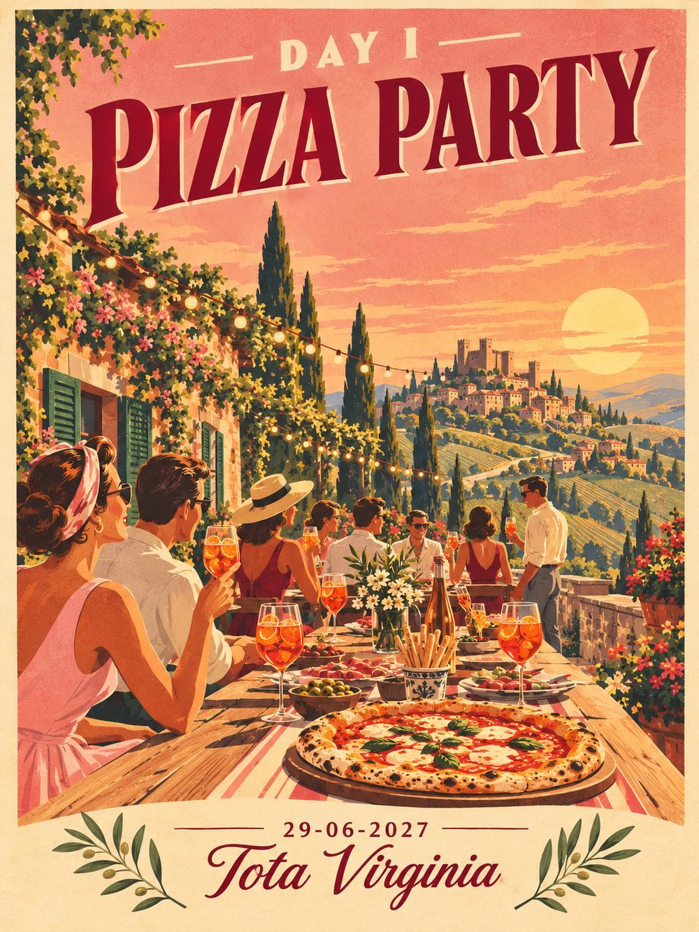 Illustration of an outdoor evening pizza party in the Italian hills