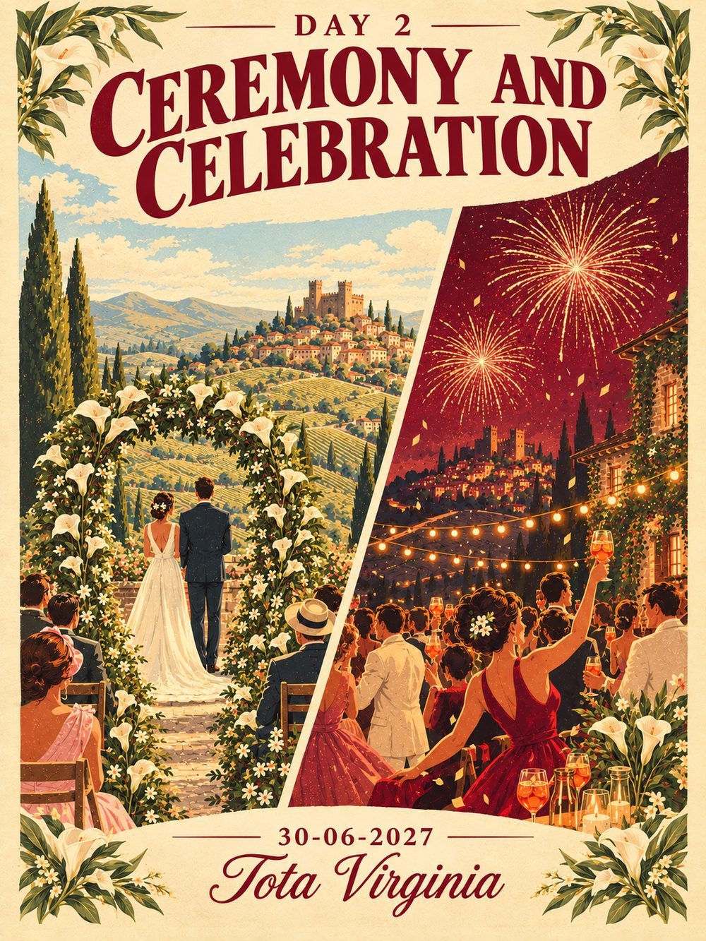 Illustration of a wedding ceremony among vineyards transitioning into an evening celebration with fireworks