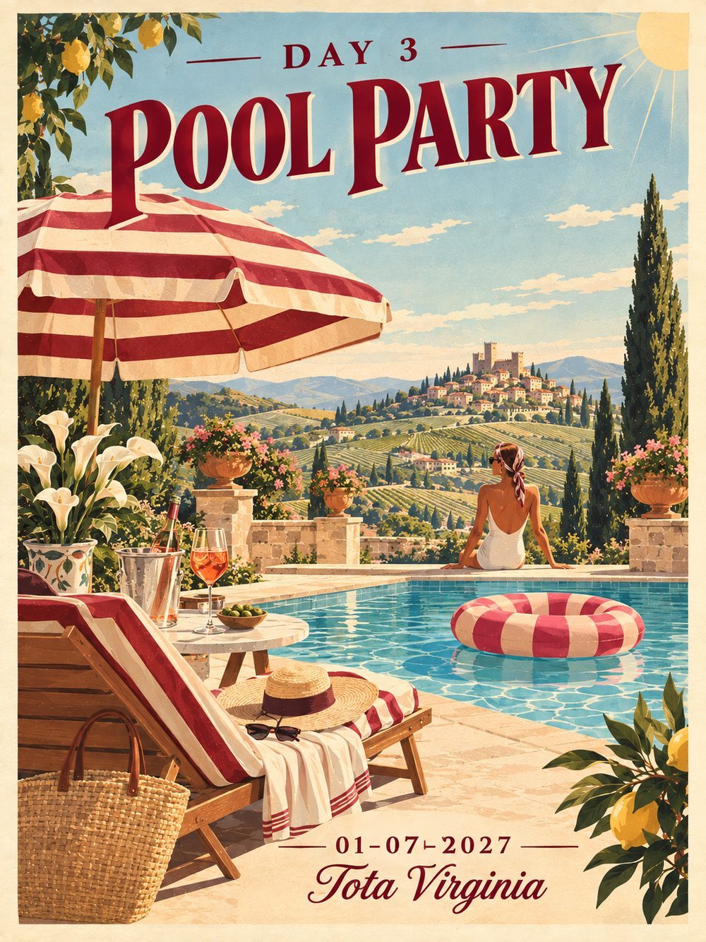 Illustration of a relaxed poolside party overlooking vineyard hills