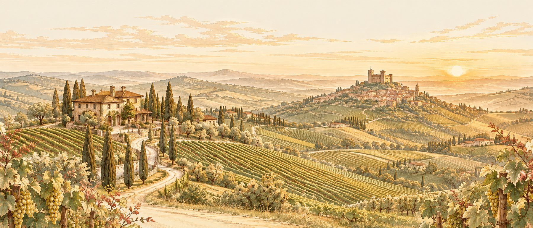Illustrated panorama of the Piemonte vineyards, Antico Podere Tota Virginia and the hilltop village of Serralunga d&rsquo;Alba at sunset